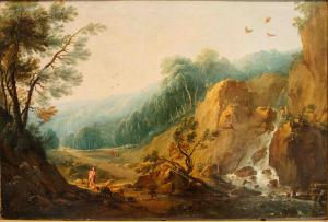 Pittore fiammingo, Paesaggio con pastore e cascatella